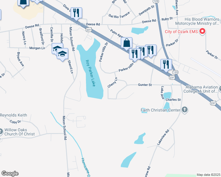 map of restaurants, bars, coffee shops, grocery stores, and more near 275 Cherry Lane in Ozark