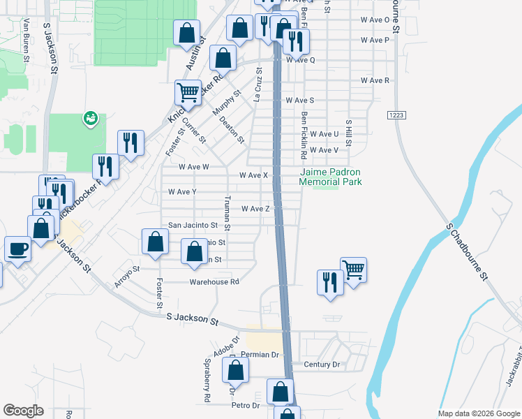 map of restaurants, bars, coffee shops, grocery stores, and more near 2899 Monterrey St in San Angelo