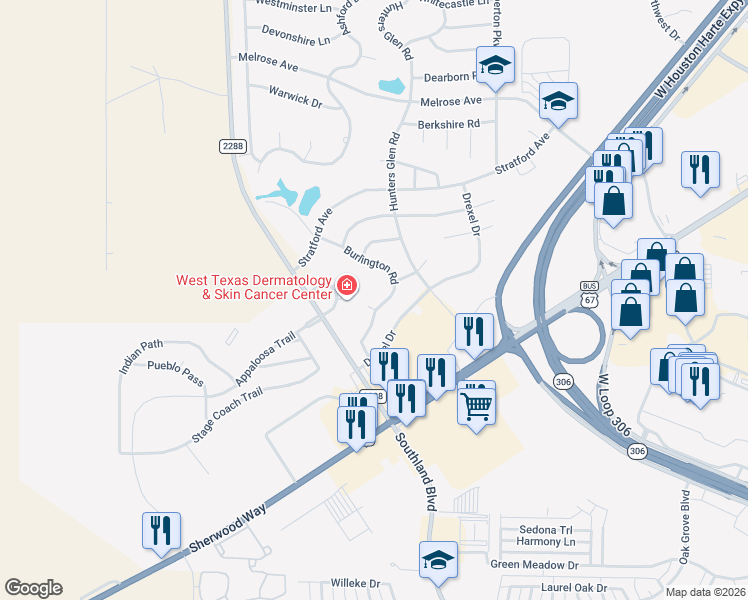 map of restaurants, bars, coffee shops, grocery stores, and more near 237 Burlington Road in San Angelo