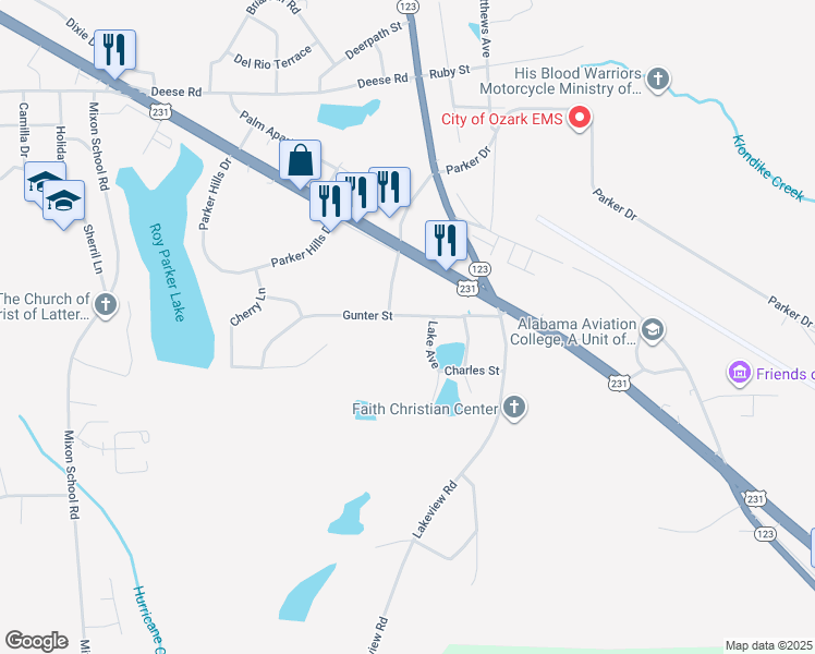 map of restaurants, bars, coffee shops, grocery stores, and more near 421 Claybank Avenue in Ozark