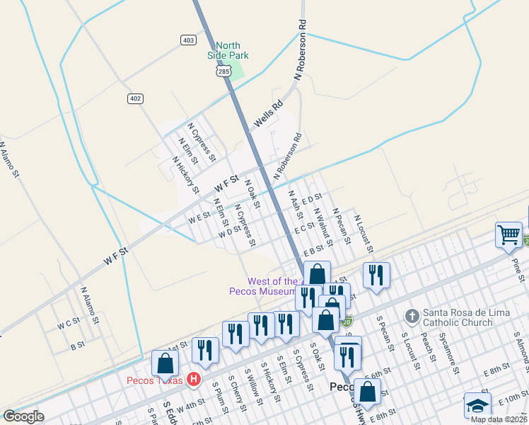 map of restaurants, bars, coffee shops, grocery stores, and more near 400 North Oak Street in Pecos