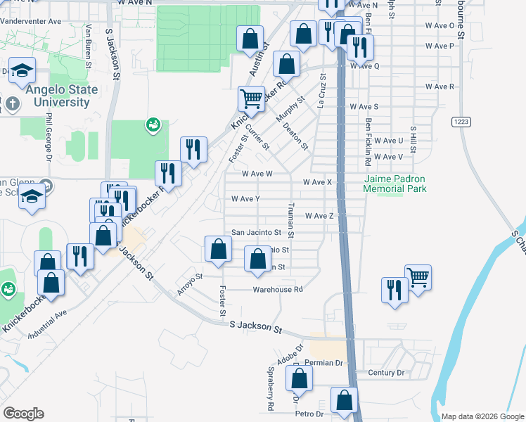 map of restaurants, bars, coffee shops, grocery stores, and more near 705-733 West Avenue Y in San Angelo