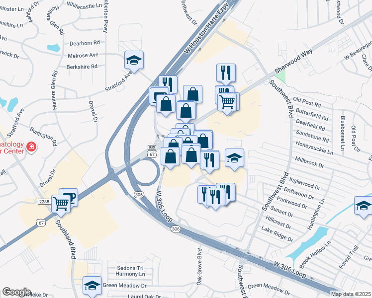 map of restaurants, bars, coffee shops, grocery stores, and more near 4235 Sunset Drive in San Angelo