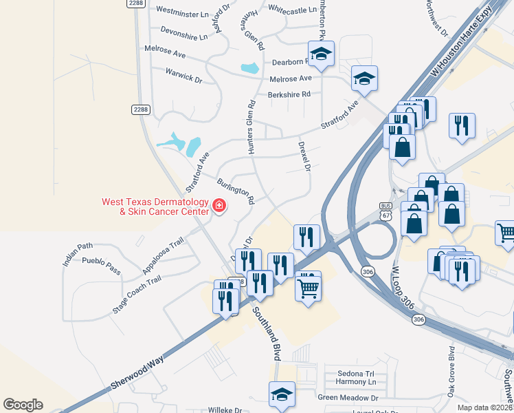 map of restaurants, bars, coffee shops, grocery stores, and more near 5909 Sussex Place in San Angelo