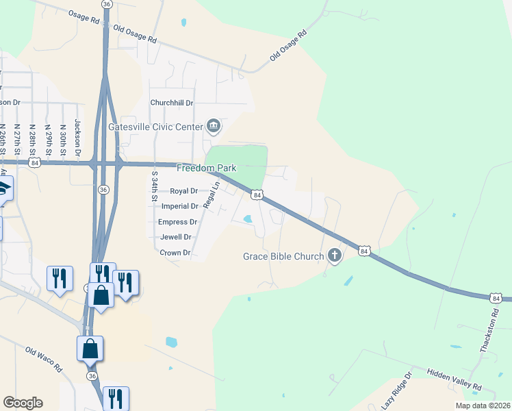 map of restaurants, bars, coffee shops, grocery stores, and more near 3608 U.S. 84 in Gatesville