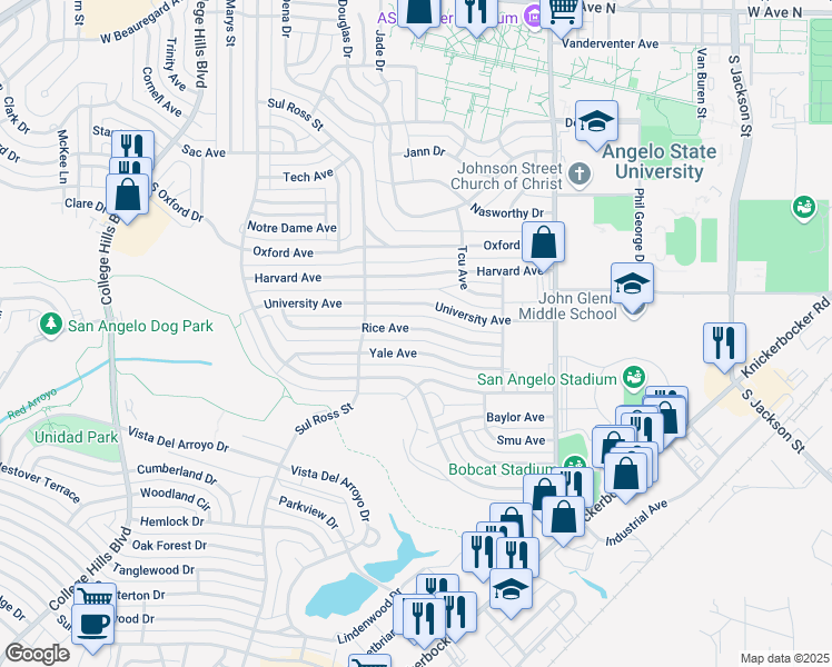 map of restaurants, bars, coffee shops, grocery stores, and more near 2637 Rice Avenue in San Angelo