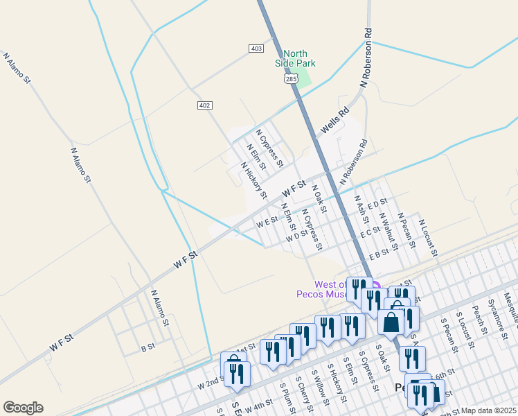 map of restaurants, bars, coffee shops, grocery stores, and more near 506 West F Street in Pecos