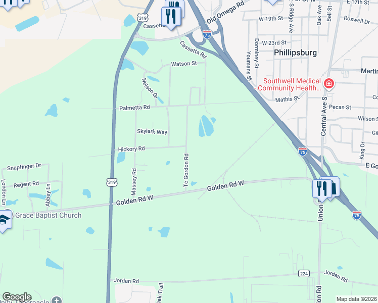 map of restaurants, bars, coffee shops, grocery stores, and more near 70 Hickory Road in Tifton