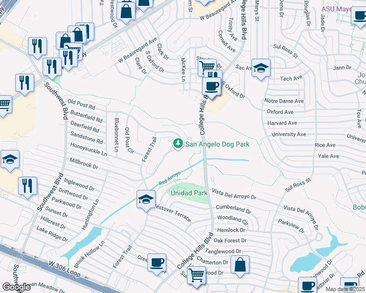 map of restaurants, bars, coffee shops, grocery stores, and more near 3300 Millbrook Drive in San Angelo