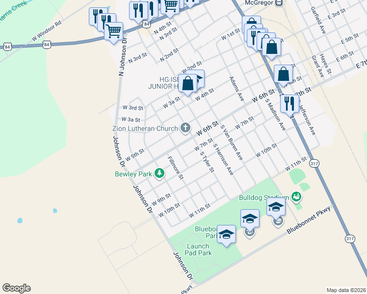 map of restaurants, bars, coffee shops, grocery stores, and more near in McGregor