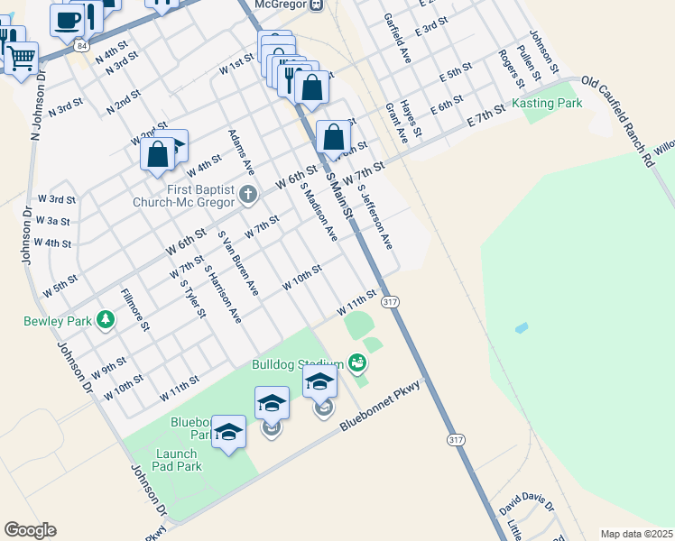 map of restaurants, bars, coffee shops, grocery stores, and more near 1007 South Madison Avenue in McGregor