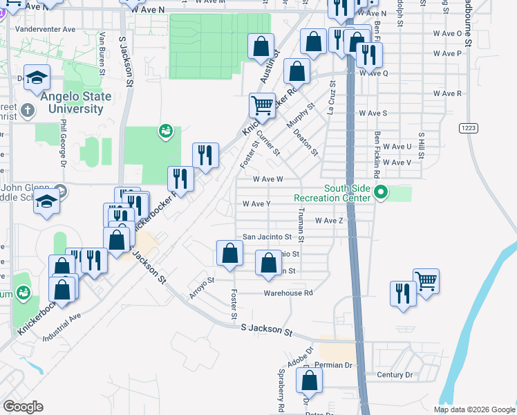 map of restaurants, bars, coffee shops, grocery stores, and more near 813 West Avenue Y in San Angelo