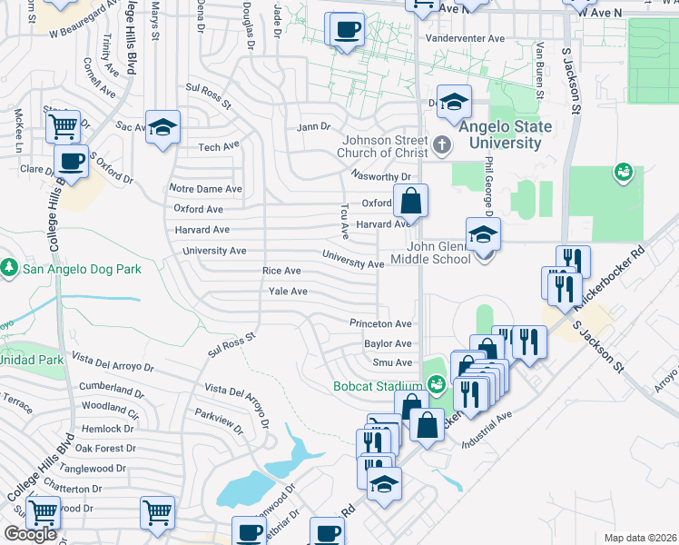 map of restaurants, bars, coffee shops, grocery stores, and more near 2544 Rice Avenue in San Angelo