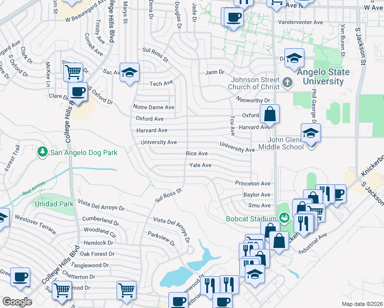 map of restaurants, bars, coffee shops, grocery stores, and more near 2675 Rice Avenue in San Angelo