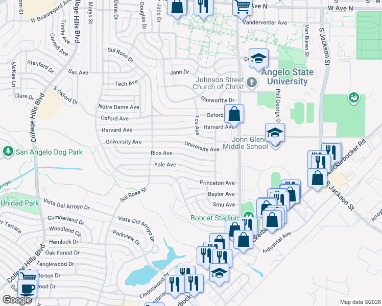 map of restaurants, bars, coffee shops, grocery stores, and more near 2544 Rice Avenue in San Angelo