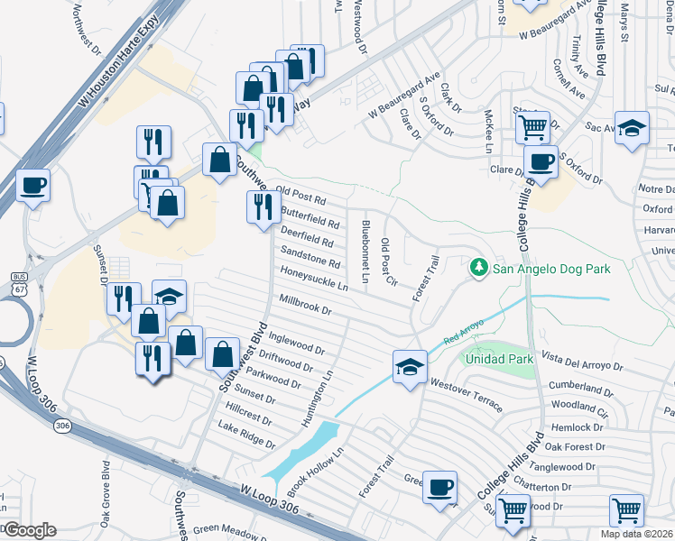 map of restaurants, bars, coffee shops, grocery stores, and more near 3801-3899 Sandstone Rd in San Angelo
