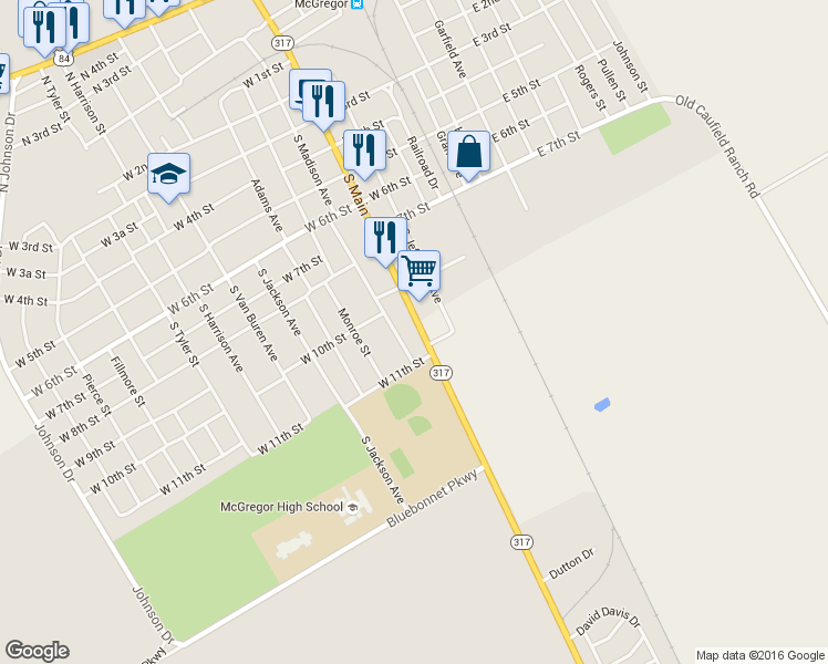 map of restaurants, bars, coffee shops, grocery stores, and more near 1031 S Main St in McGregor