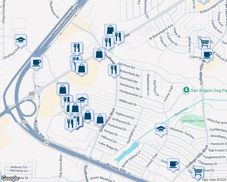 map of restaurants, bars, coffee shops, grocery stores, and more near 3301 Southwest Boulevard in San Angelo