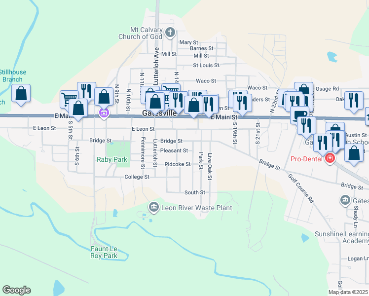 map of restaurants, bars, coffee shops, grocery stores, and more near 1409 Pleasant Street in Gatesville