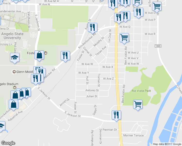 map of restaurants, bars, coffee shops, grocery stores, and more near 733 West Avenue Y in San Angelo