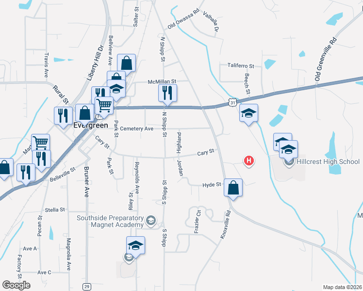 map of restaurants, bars, coffee shops, grocery stores, and more near 111 Highland in Evergreen
