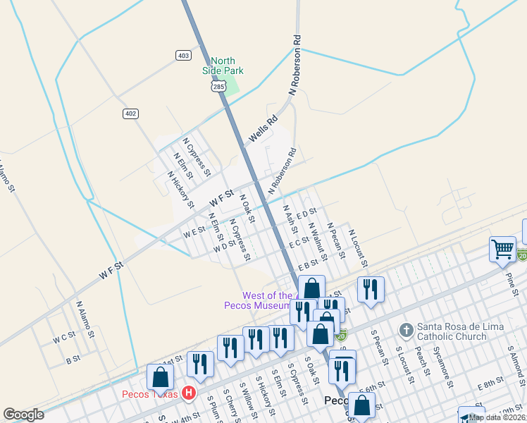 map of restaurants, bars, coffee shops, grocery stores, and more near 400-498 North Oak Street in Pecos