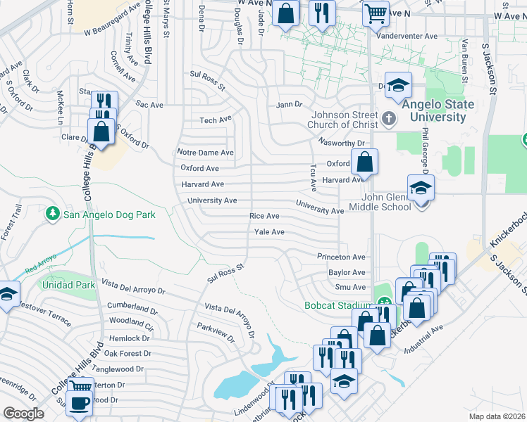 map of restaurants, bars, coffee shops, grocery stores, and more near 2675 Rice Avenue in San Angelo