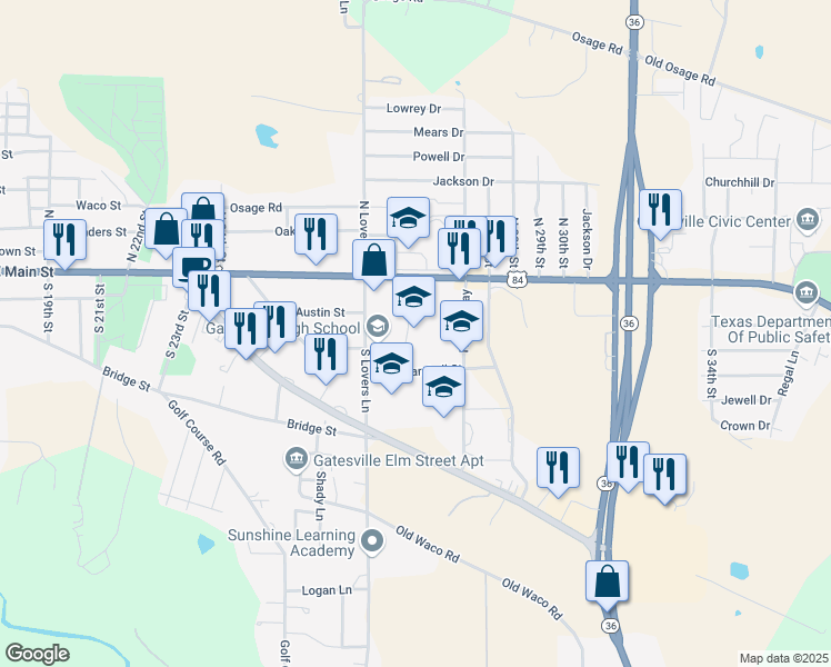 map of restaurants, bars, coffee shops, grocery stores, and more near 311 South Lovers Lane in Gatesville