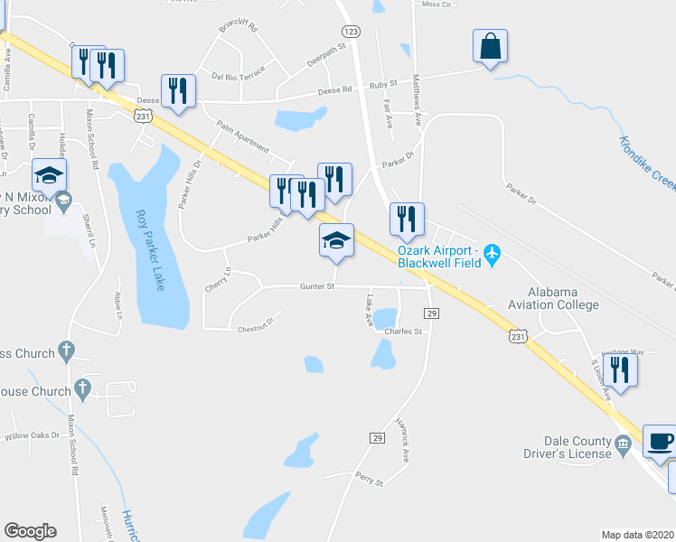 map of restaurants, bars, coffee shops, grocery stores, and more near 421 Claybank Avenue in Ozark