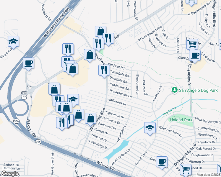 map of restaurants, bars, coffee shops, grocery stores, and more near 3301 Southwest Boulevard in San Angelo