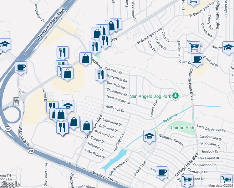map of restaurants, bars, coffee shops, grocery stores, and more near 3856 Honeysuckle Lane in San Angelo