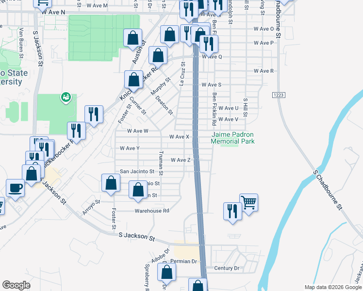 map of restaurants, bars, coffee shops, grocery stores, and more near 2801-2899 Monterrey St in San Angelo