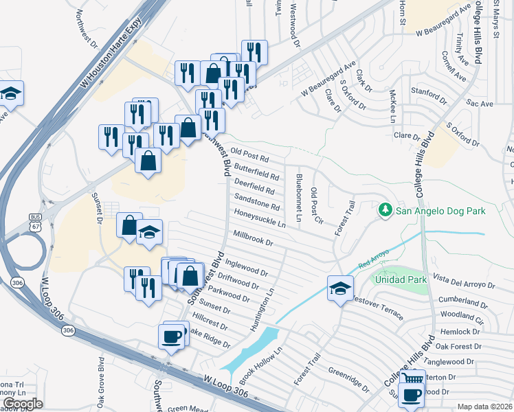 map of restaurants, bars, coffee shops, grocery stores, and more near 3856 Honeysuckle Lane in San Angelo