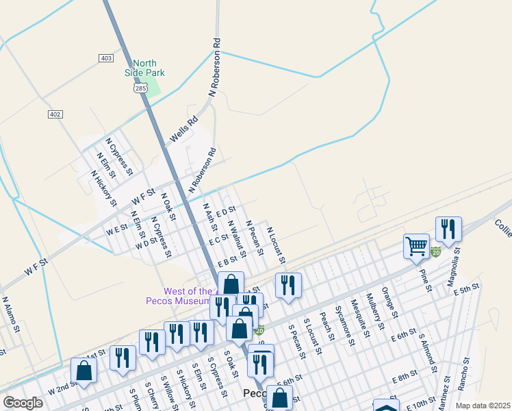 map of restaurants, bars, coffee shops, grocery stores, and more near 300 South Pecan Street in Pecos