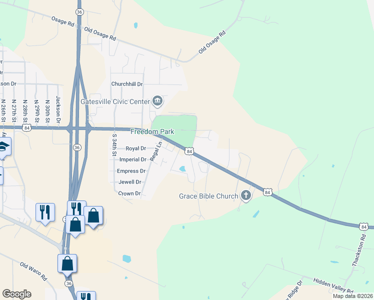 map of restaurants, bars, coffee shops, grocery stores, and more near 3608 U.S. 84 in Gatesville