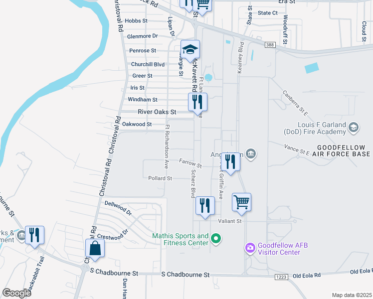 map of restaurants, bars, coffee shops, grocery stores, and more near 601-699 Mathis St in San Angelo