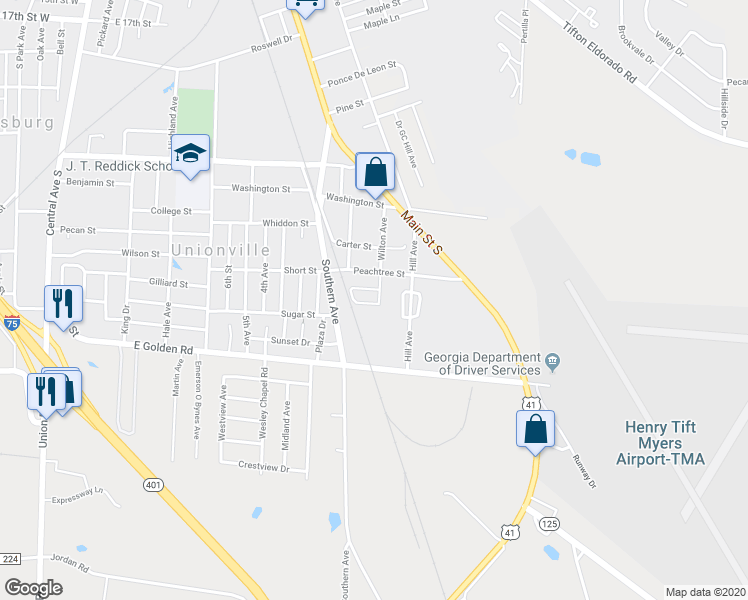 map of restaurants, bars, coffee shops, grocery stores, and more near 1004 Scott Circle in Tifton