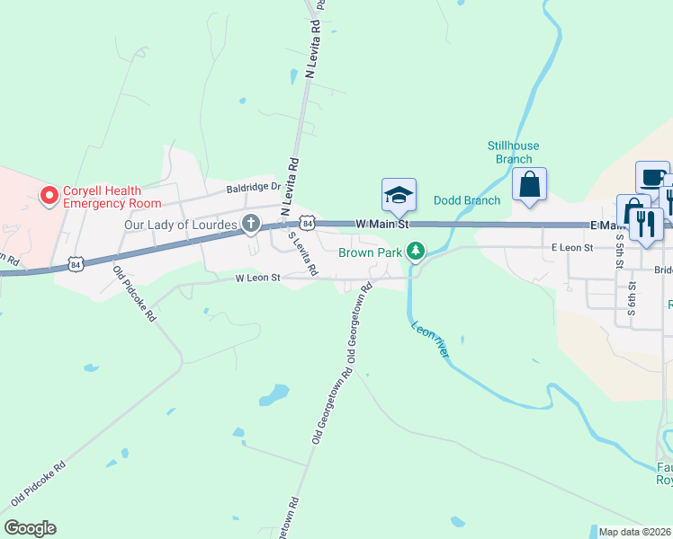 map of restaurants, bars, coffee shops, grocery stores, and more near 1014 West Leon Street in Gatesville
