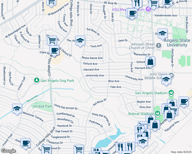 map of restaurants, bars, coffee shops, grocery stores, and more near 2761 Rice Avenue in San Angelo