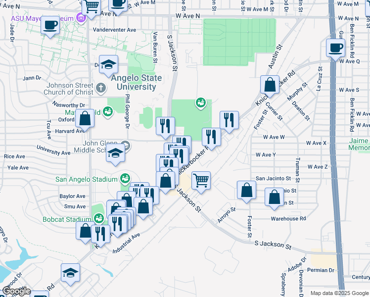 map of restaurants, bars, coffee shops, grocery stores, and more near 1621 University Avenue in San Angelo