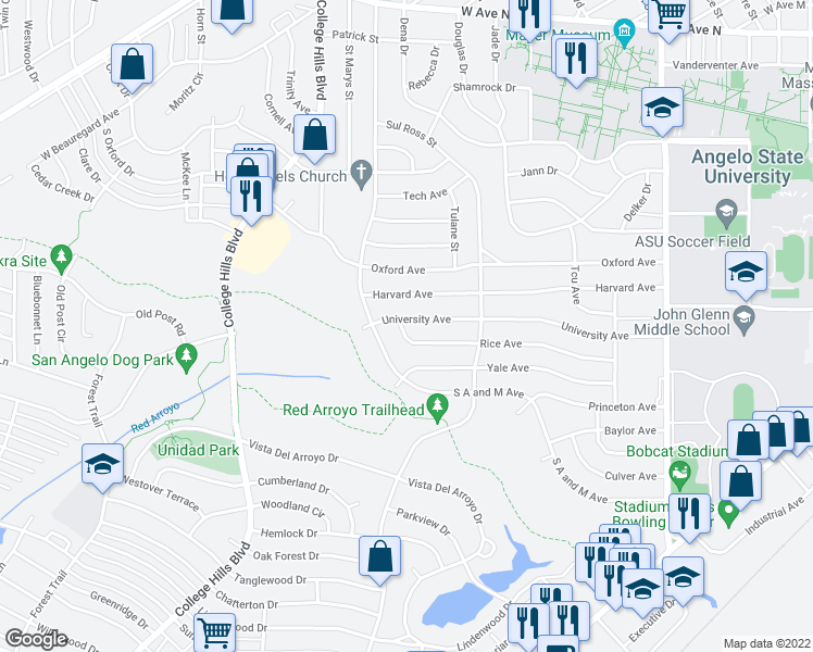 map of restaurants, bars, coffee shops, grocery stores, and more near 2767 University Avenue in San Angelo