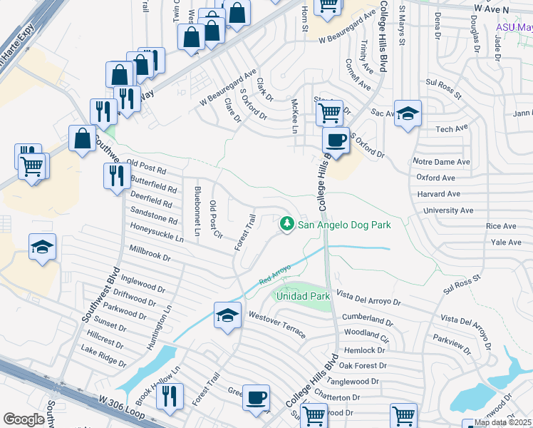 map of restaurants, bars, coffee shops, grocery stores, and more near 3300-3598 Millbrook Drive in San Angelo