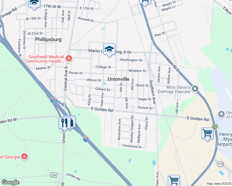 map of restaurants, bars, coffee shops, grocery stores, and more near 108 Martin Luther King Junior Drive in Tifton