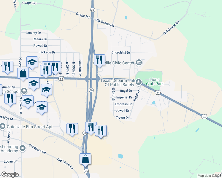 map of restaurants, bars, coffee shops, grocery stores, and more near 101 South 31st Street in Gatesville