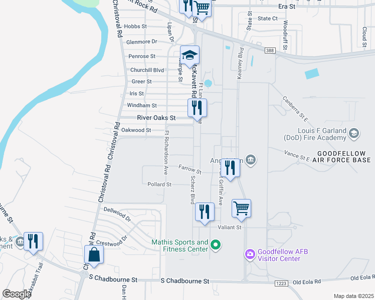 map of restaurants, bars, coffee shops, grocery stores, and more near 600-698 Vance Circle in San Angelo