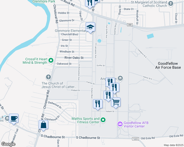 map of restaurants, bars, coffee shops, grocery stores, and more near 1 Fort Lancaster Avenue in San Angelo