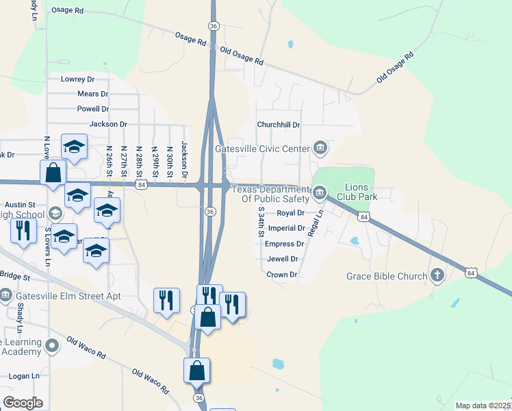 map of restaurants, bars, coffee shops, grocery stores, and more near 101 South 31st Street in Gatesville