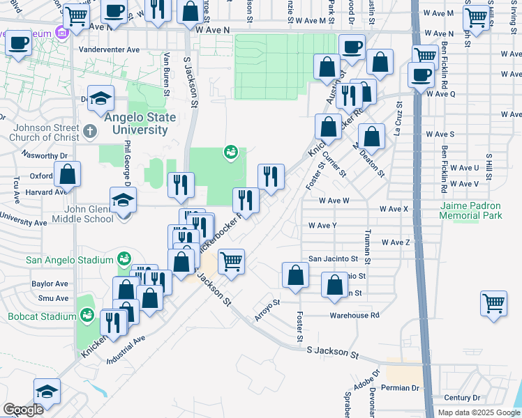 map of restaurants, bars, coffee shops, grocery stores, and more near 1355 Knickerbocker Road in San Angelo