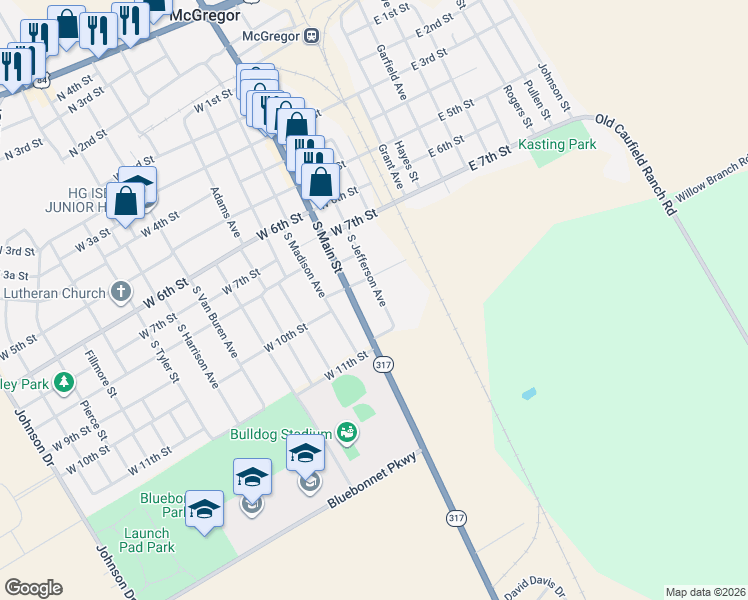 map of restaurants, bars, coffee shops, grocery stores, and more near 1000 South Main Street in McGregor