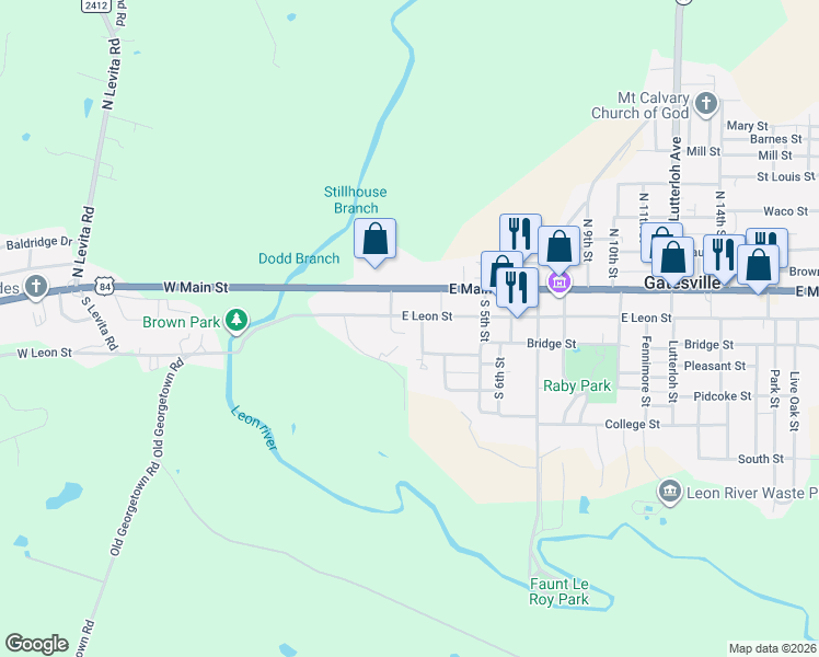 map of restaurants, bars, coffee shops, grocery stores, and more near 317 East Leon Street in Gatesville